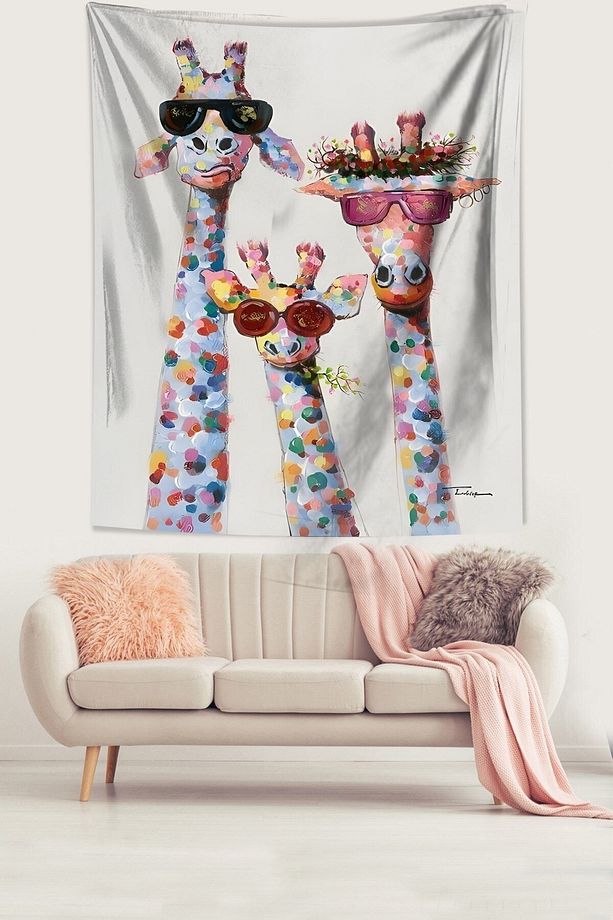 Gözlüklü Zürafa Aile Leke Tutmaz Kumaş Duvar Örtüsü Duvar Halısı Tapestry - 2