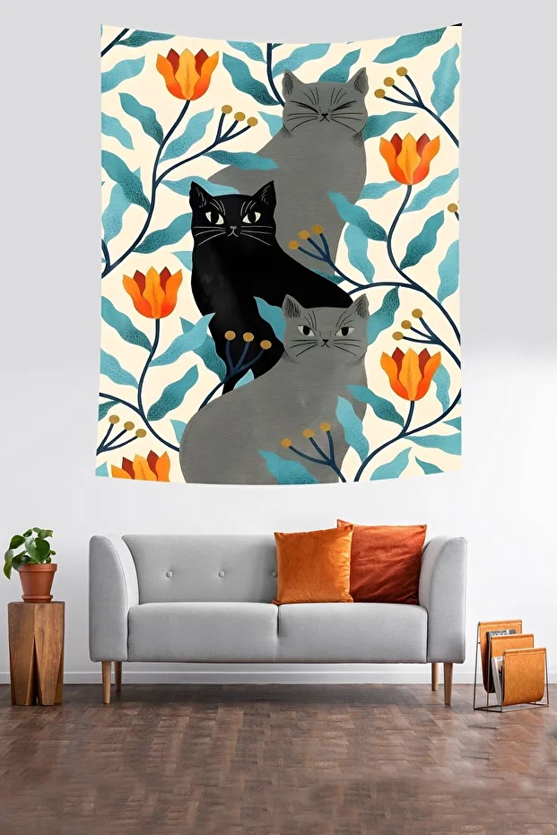 Çiçek Ve Kedi Temalı Bohem Leke Tutmaz Kumaş Duvar Örtüsü Duvar Halısı Tapestry - 1