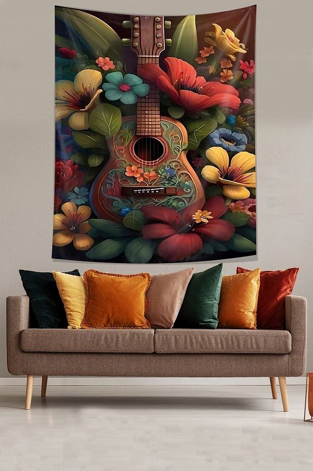 Çiçekler İçerisindeki Gitar Leke Tutmaz Kumaş Duvar Örtüsü Duvar Halısı Tapestry - 3