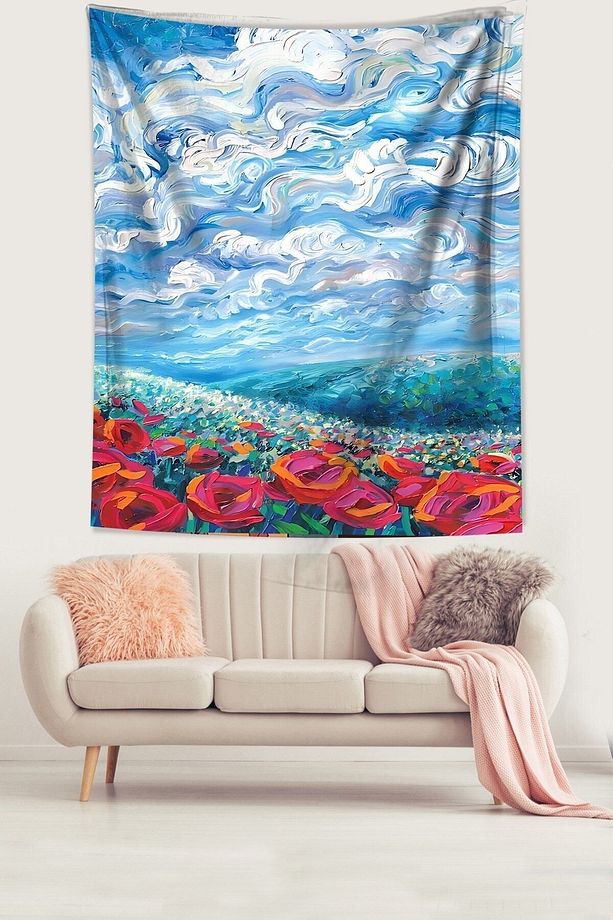 Gelincik Tarlası ve Bulut Dalgası Desen Leke Tutmaz Kumaş Duvar Örtüsü Duvar Halısı Tapestry - 1