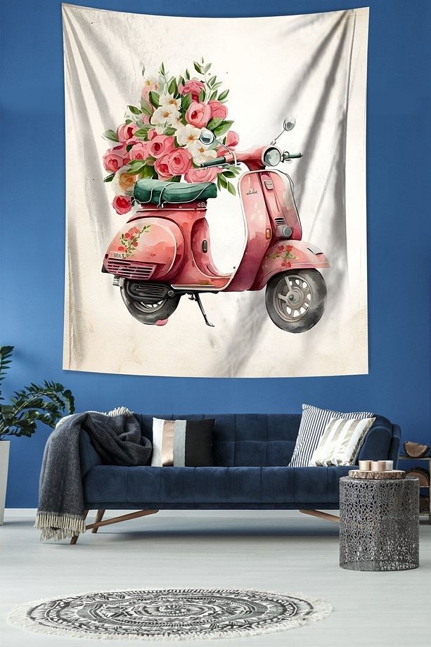Pembe Vespa ve Güller Leke Tutmaz Kumaş Duvar Örtüsü Duvar Halısı Tapestry - 1
