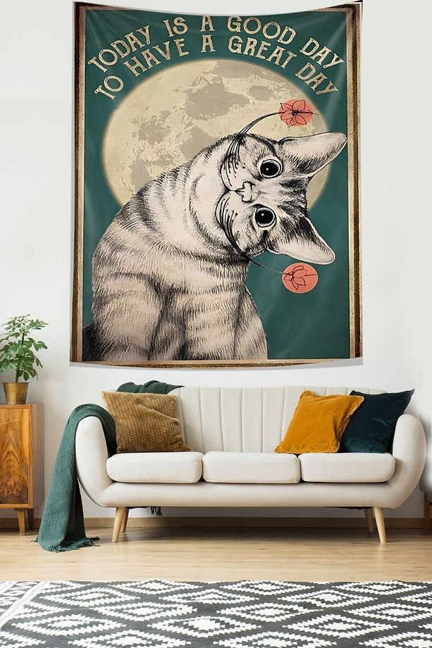 Güzel Bir Gün Kedi Temalı Leke Tutmaz Kumaş Duvar Örtüsü Duvar Halısı Tapestry - 1