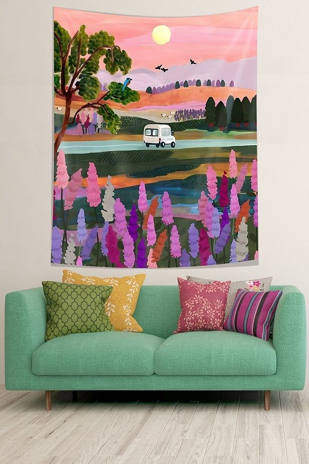 Gün Batımı Yolculuk Yoldaki Araba Leke Tutmaz Kumaş Duvar Örtüsü Duvar Halısı Tapestry - 3