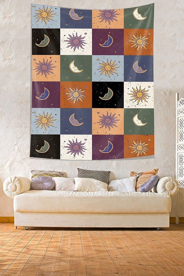 Güneş İle Ay Leke Tutmaz Kumaş Duvar Örtüsü Duvar Halısı Tapestry - 1
