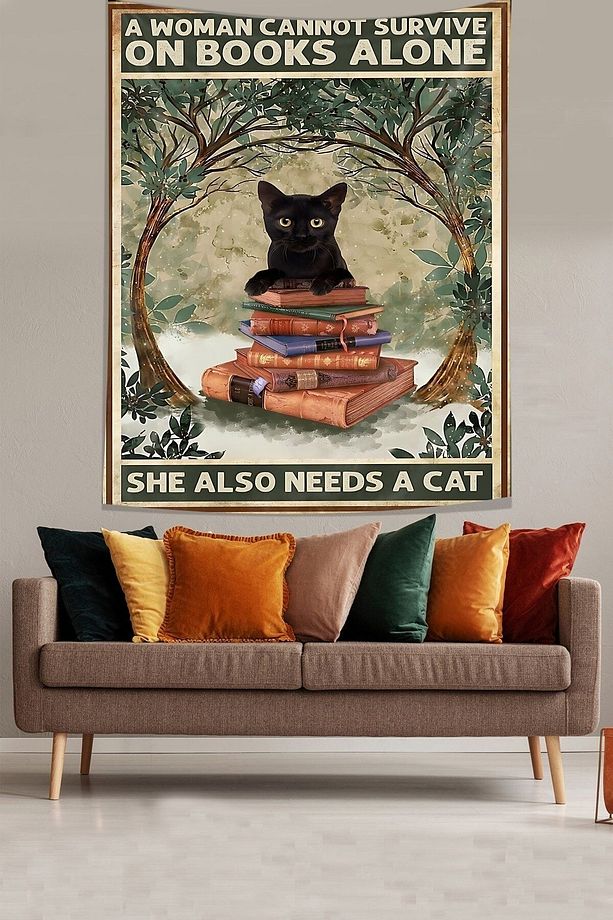Ormandaki Kitaplar ve Siyah Kedi Leke Tutmaz Kumaş Duvar Örtüsü Duvar Halısı Tapestry - 1