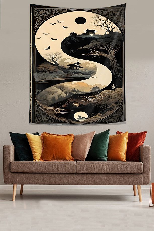Gökyüzü Kuşlar Ve Ağaçlar Leke Tutmaz Kumaş Duvar Örtüsü Duvar Halısı Tapestry - 3