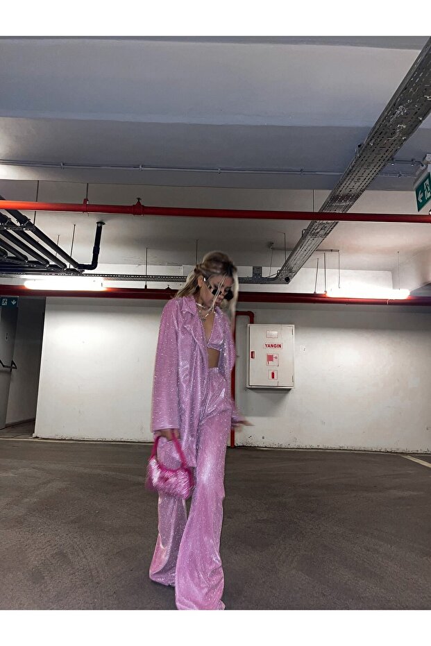 Özel Tasarım Pembe Simli Pantolon - 4