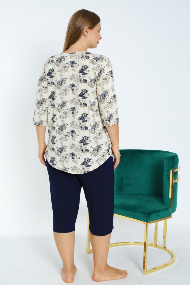 Plus Size Flexible Viscose Nightgown and Shorts Set - Three Quarter Sleeves and Buttons - 5