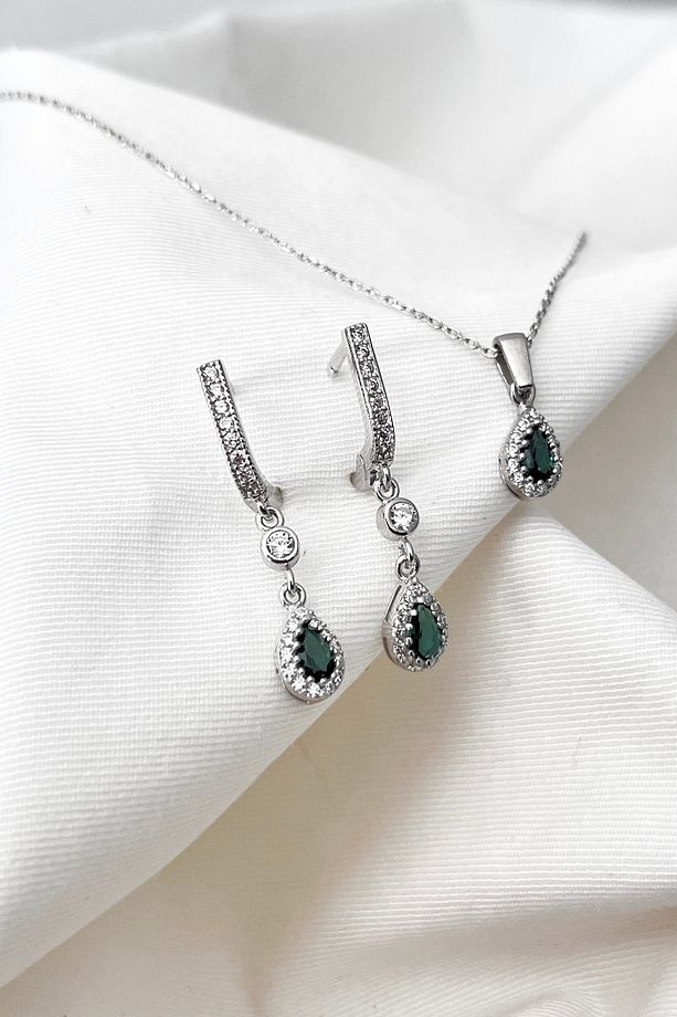 925 Ayar Gümüş Yeşil Taşlı Damla Kolye Küpe Set - 3
