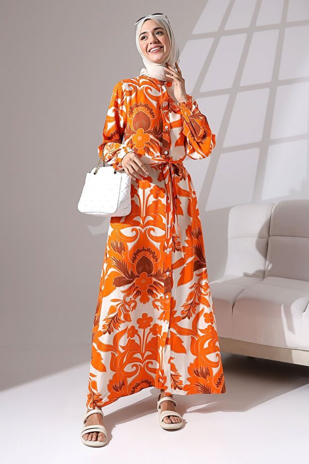 100% Viscose - Long Floral Print Collarless Tile Summer Dress with Buttons and Belt