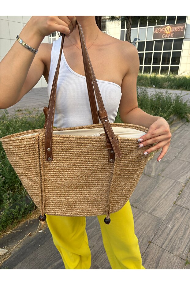 Aura Genuine Leather Women's Jute Straw Shoulder Bag