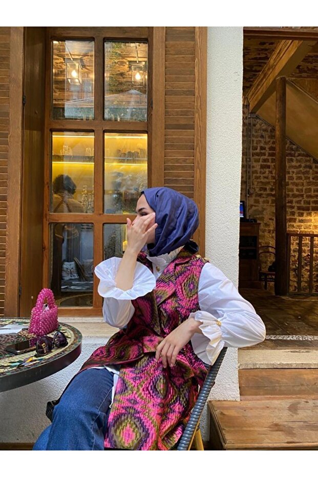 Colorful İpek Kapitone Yelek Pembe - 5