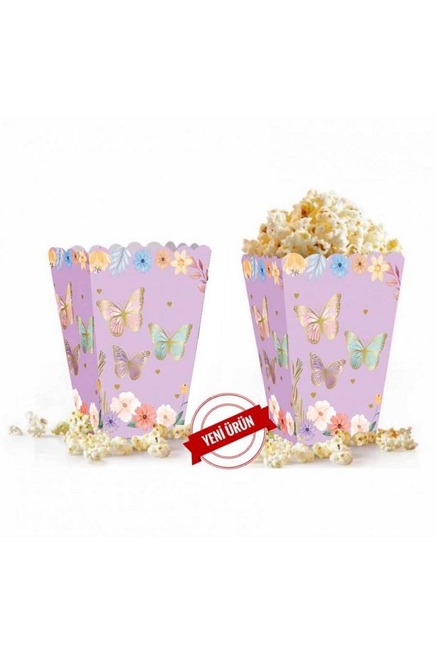 Kelebek TemalI Soft Renk Lila 8 Adet Popcorn Mısır Kutusu - 1