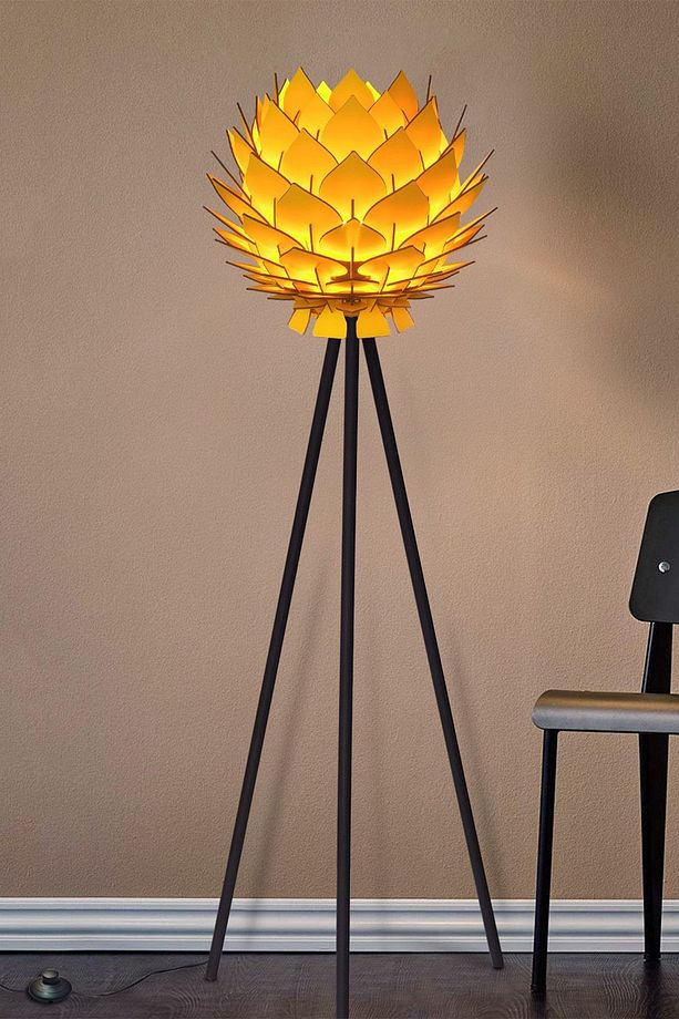 Lotus Metal Ayaklı Yerpuar Anahtarlı Ahşap Modern Tripod Üç Ayaklı Lambader Aydınlatma - 7