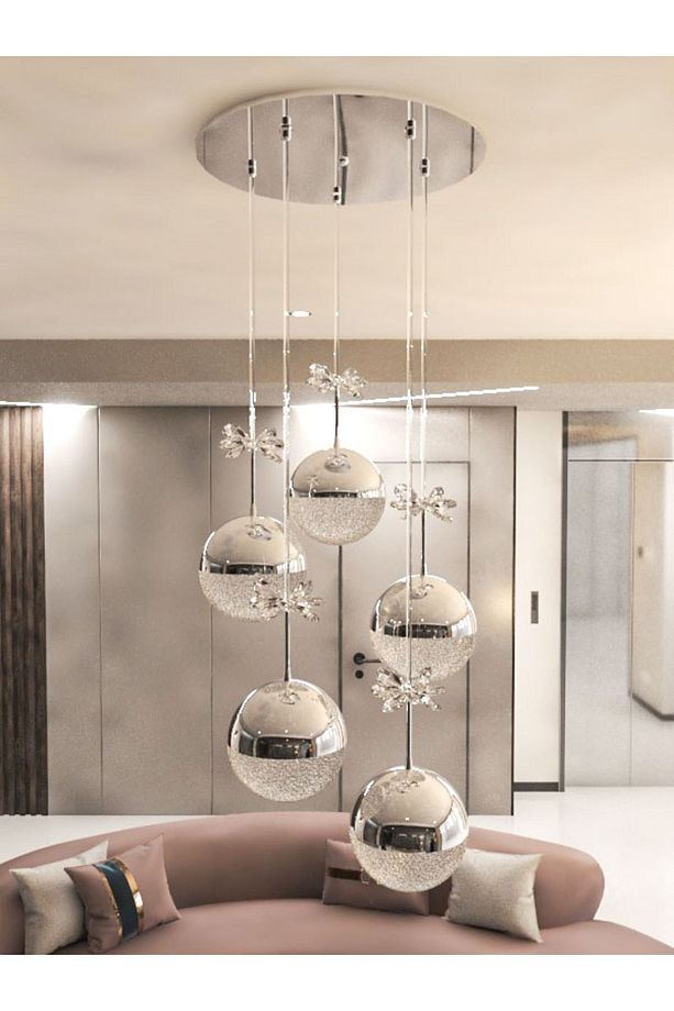 Enerji Tasarruflu-Yaprak Desenli-Modern ve Lüks Krom- 3 Işıklı-5li Tepsi Led Avize - 1