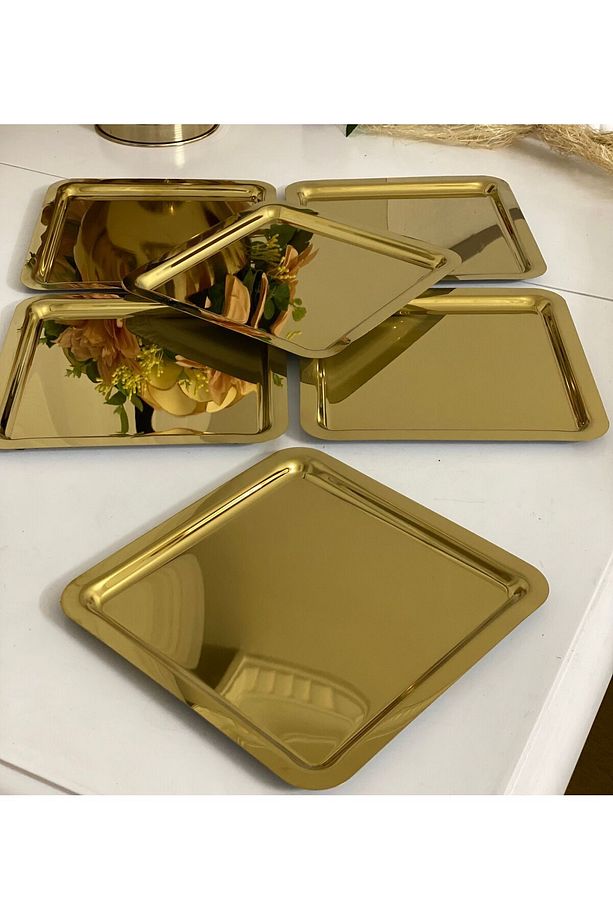 ÇELİK GOLD KAPLAMA 6 ADET KARE PARLAK MODEL SERVİS VE SUNUM TEPSİSİ - 5