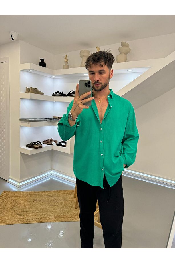 Yeşil Oversize Krinkıl Keten Gömlek - 5