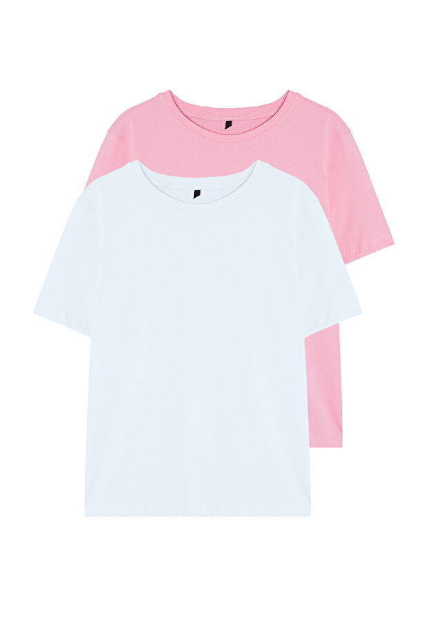 Pembe-beyaz %100 Pamuk Bisiklet Yaka 2'li Paket Örme T-Shirt TWOSS20TS0141 - 6
