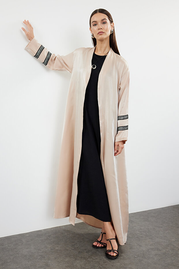 Bej Nakışlı Parlak Uzun Dokuma Kap & Ferace & Abaya TCTSS24KF00004 - 2