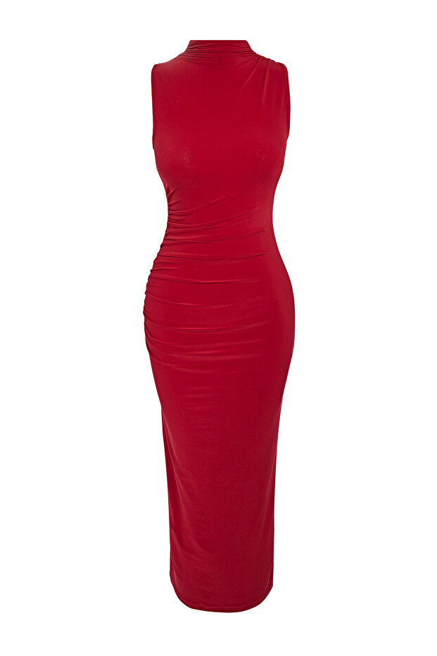 Kırmızı Düz Büzgülü Maxi Sıfır Kol Drapeli Bodycone/Vücuda Oturan Esnek Örme Elbise TWOSS24EL00101 - 6