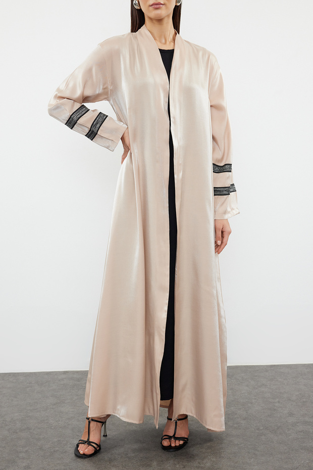 Bej Nakışlı Parlak Uzun Dokuma Kap & Ferace & Abaya TCTSS24KF00004 - 3