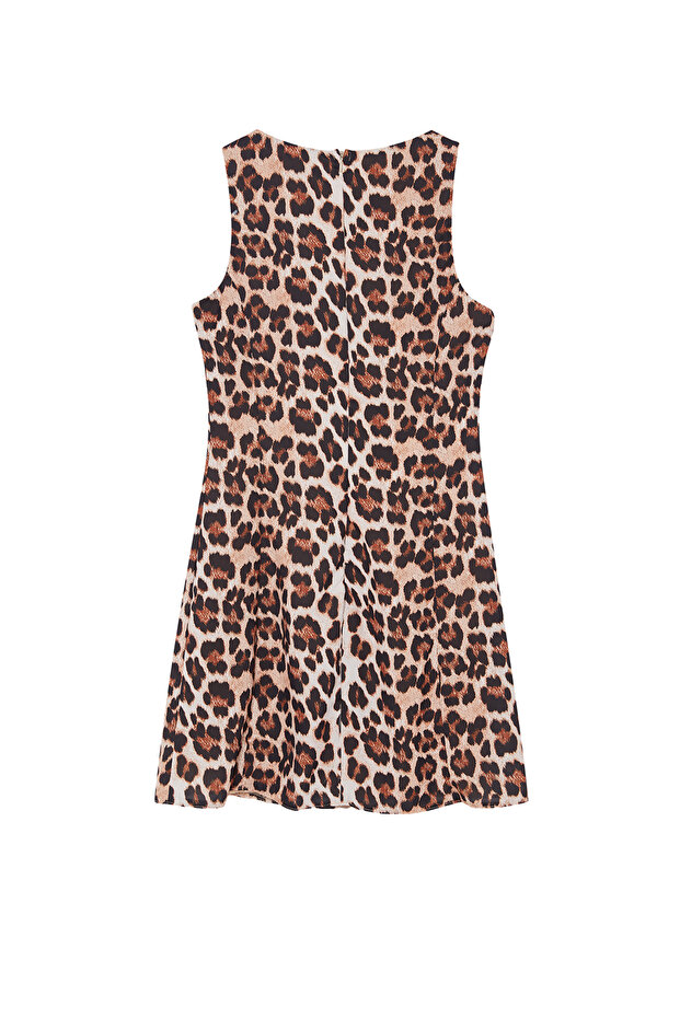 Kahverengi Leopar Desenli Mini Saten Dokuma Elbise TWOSS24EL01065 - 7