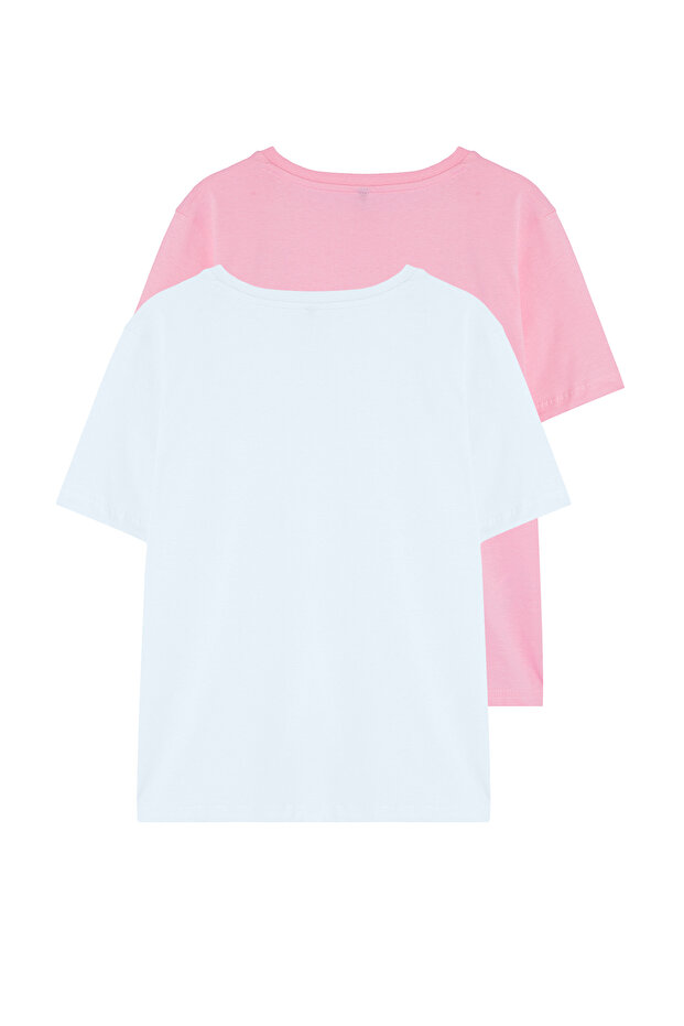 Pembe-beyaz %100 Pamuk Bisiklet Yaka 2'li Paket Örme T-Shirt TWOSS20TS0141 - 7