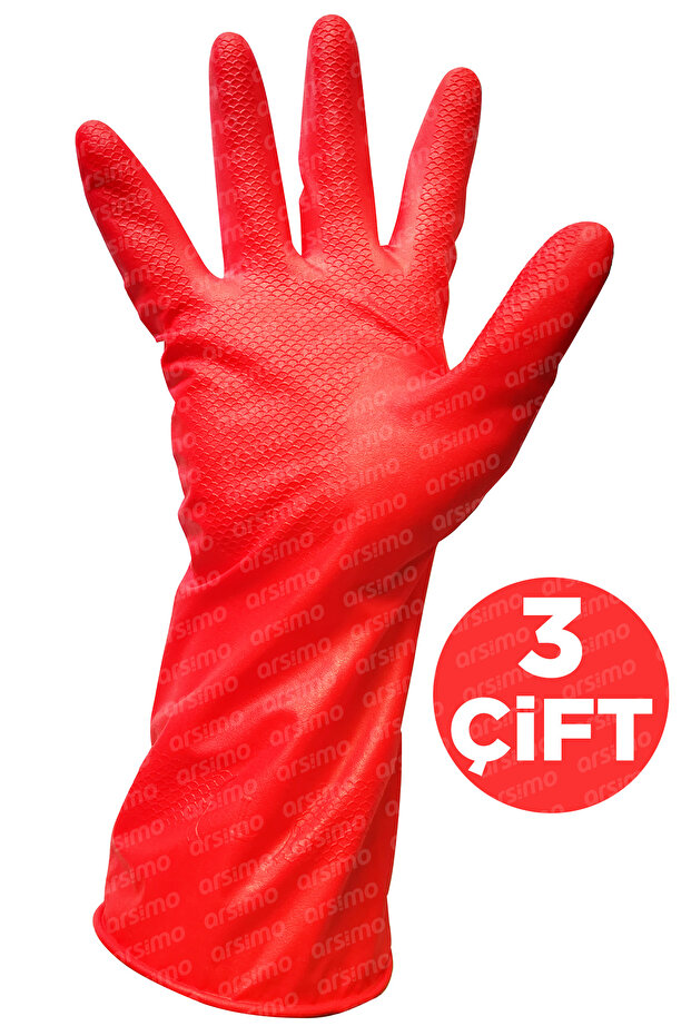 ( 3 Çift) Temizlik Bulaşık Ve Iş Eldiveni | Su Geçirmez Extra Güçlü Pamuksu Iç Yüzey Large - 1