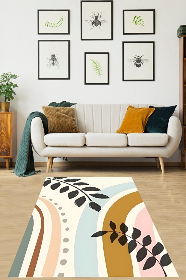 Bohem Minimalist Yaprak Desenli Yıkanabilir Kaymaz Taban Leke Tutmaz Salon Halısı - 1
