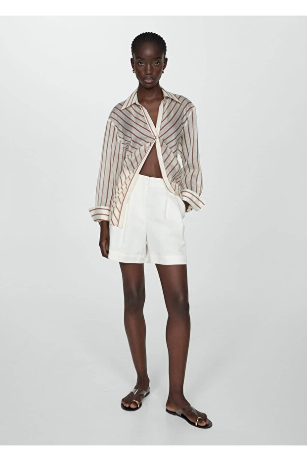 Keten karışımlı pilili bermuda şort - 7