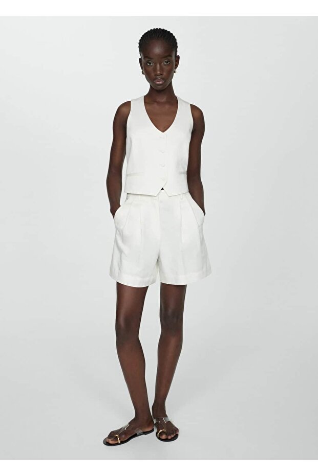 Keten karışımlı pilili bermuda şort - 2