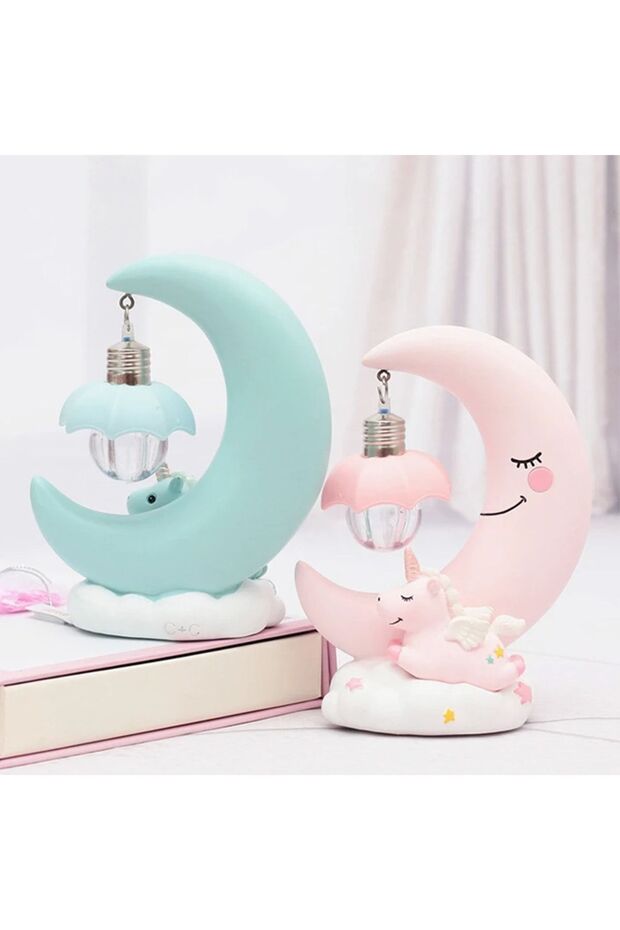 Dekoratif Ay Dede Ve Minik Unicorn Temalı Masa Lambası Ve Biblo Mavi - 4