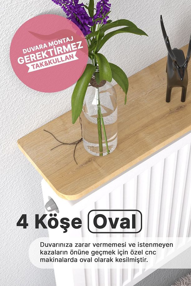 Montajsız Petek Üstü Uçan Raf Dresuar Kalorifer Peteği Rafı Kitaplık 80 X 18 Cm Safir Meşe Oval - 5
