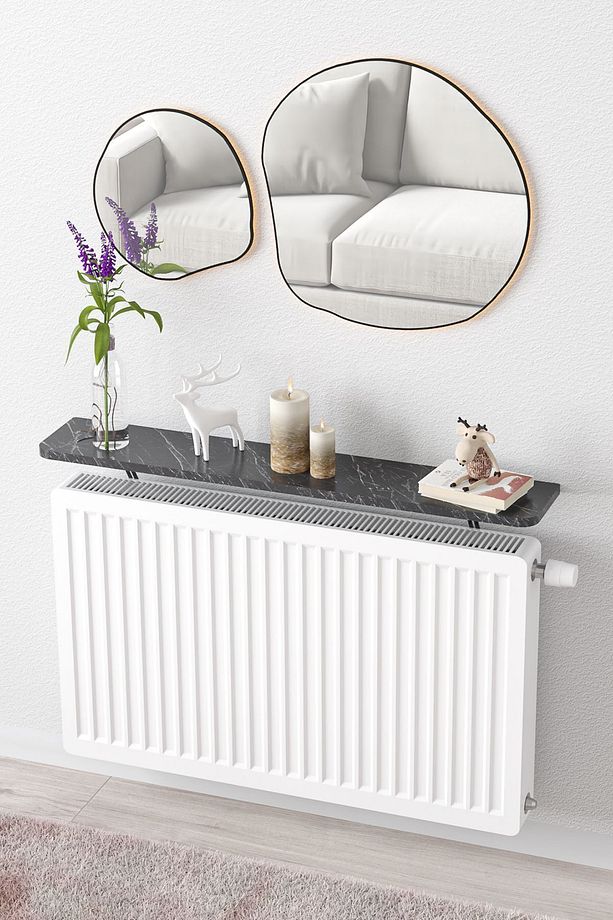 Montajsız Petek Üstü Uçan Raf Dresuar Kalorifer Peteği Rafı Kitaplık 80 X 18 Cm Siyah Mermer Oval - 6