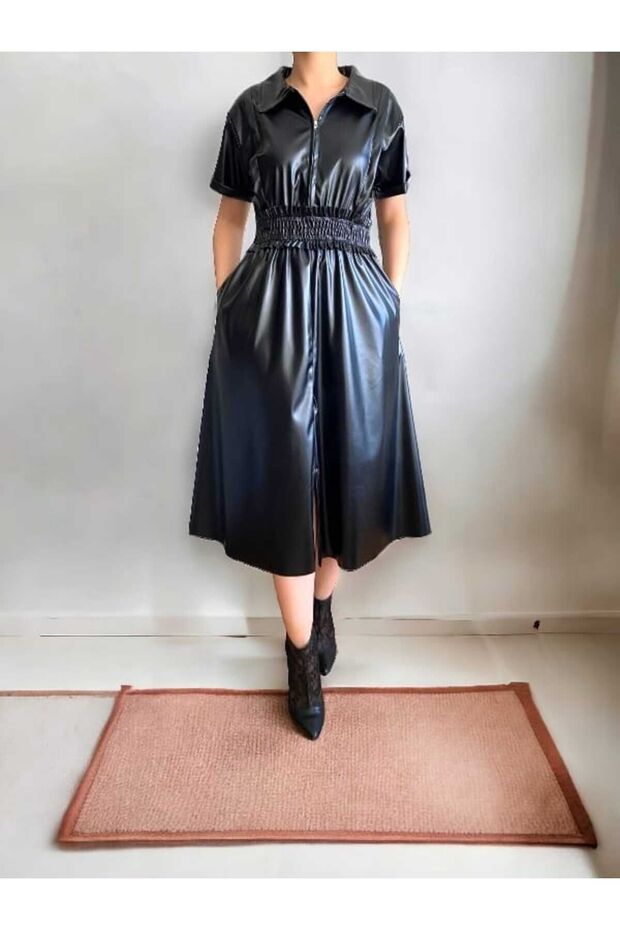 Yırtmaç Detaylı Deri Elbise - 5