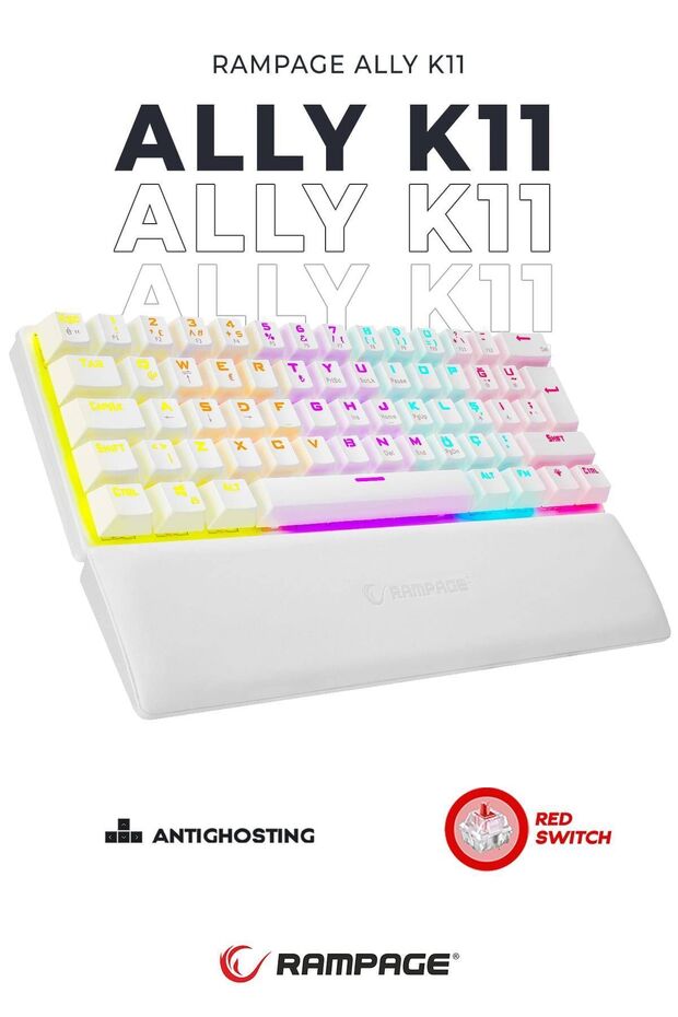 Ally K11 Beyaz 12 Işık Modlu Red Switch Mekanik Antighosting Bilek Destekli Gaming Oyuncu Klavyesi - 1