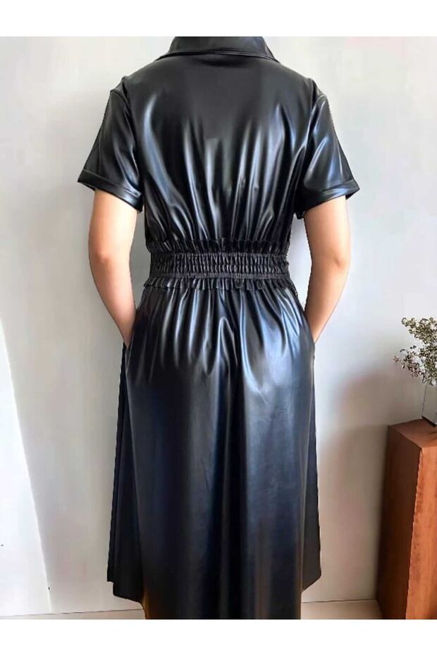 Yırtmaç Detaylı Deri Elbise - 8