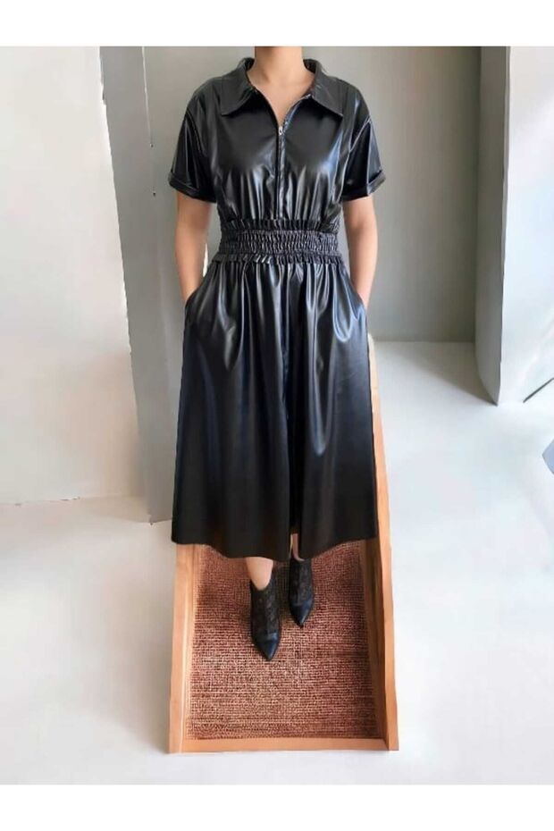 Yırtmaç Detaylı Deri Elbise - 1