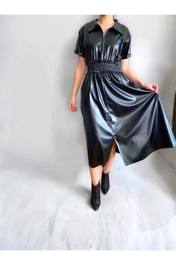 Yırtmaç Detaylı Deri Elbise - 3