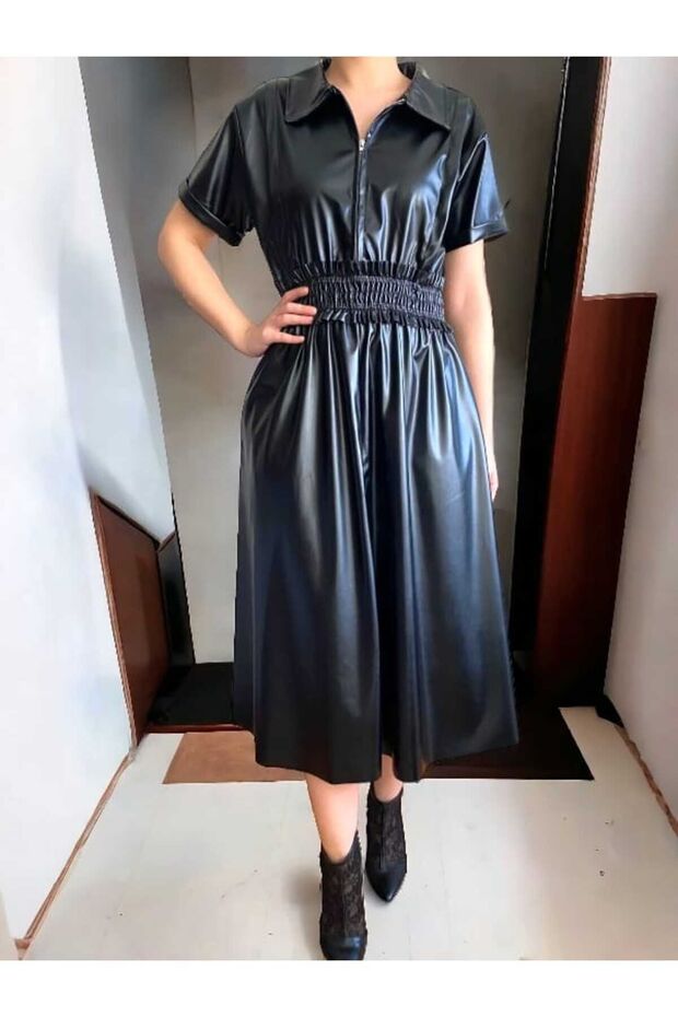 Yırtmaç Detaylı Deri Elbise - 4