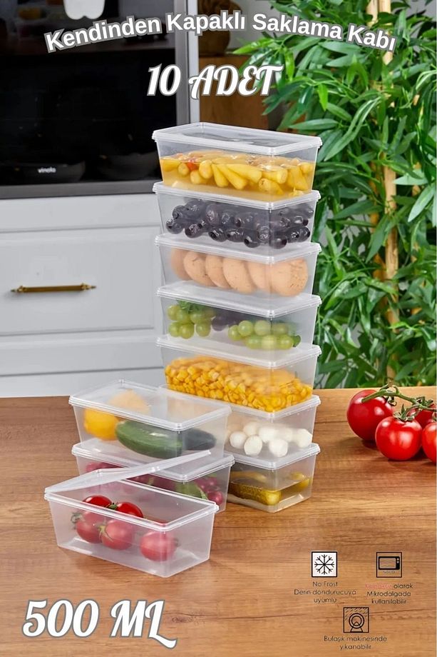10 Adet Kendinden Kapaklı Derin Dondurucuya Uygun Saklama Kabı, düzenleyici ,yemek,kahve,çay500ml - 2