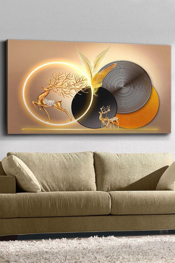 Gold Geyik Yuvarlak Desenler Tek Parça Işıksız Kanvas - Canvas Tablo - 3