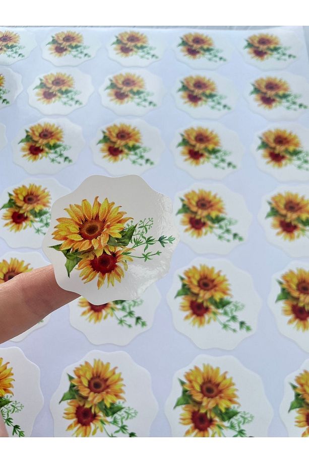 Ayçiçeği Çiçek Desenli Etiket - Çiçekli Model Opak Sticker - Dalgalı Kesim - 50 Adet / 5 cm - 1