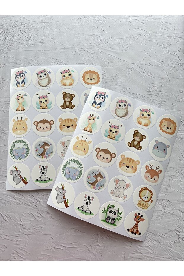 Animal Sticker Set / Label Set for Kids - 4 cm. Round Cut (2 Sets / 40 pcs Stickers)