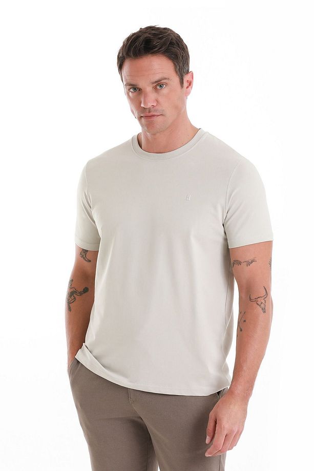 Ekru Regular Fit Düz Bisiklet Yaka Pamuklu Triko Tişört - 1