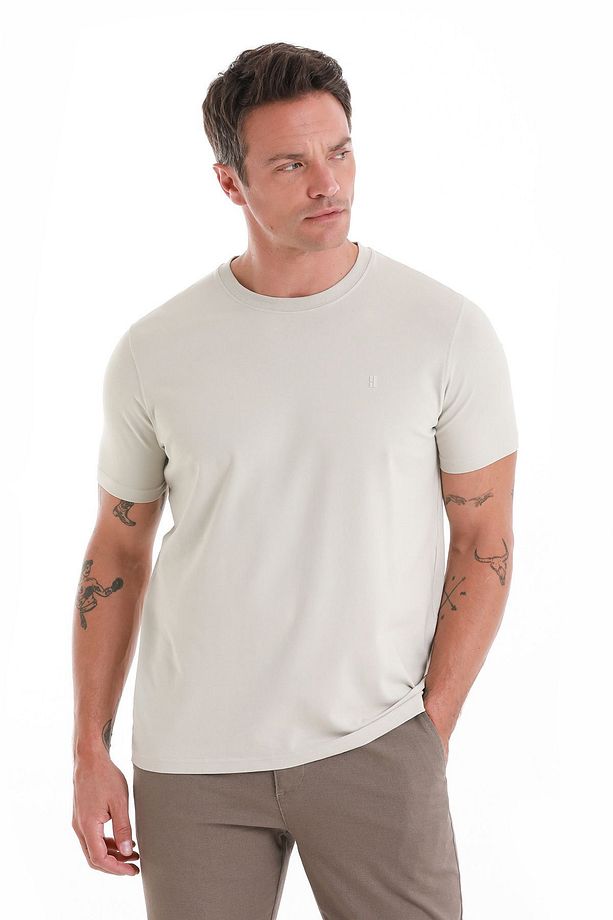 Ekru Regular Fit Düz Bisiklet Yaka Pamuklu Triko Tişört - 3