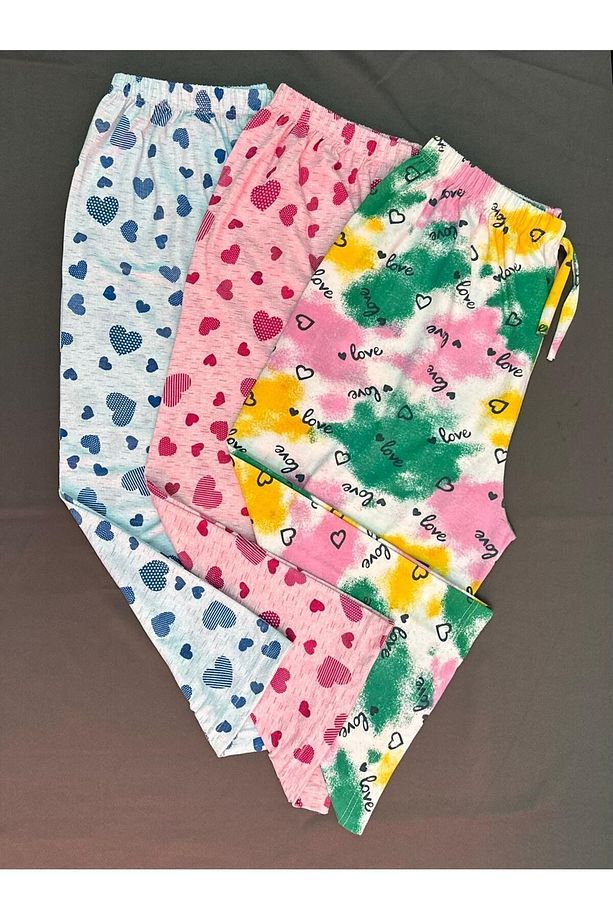 Kadın Desenli Pamuklu 3'Lü Diz Altı Tek Alt Pijama - 1