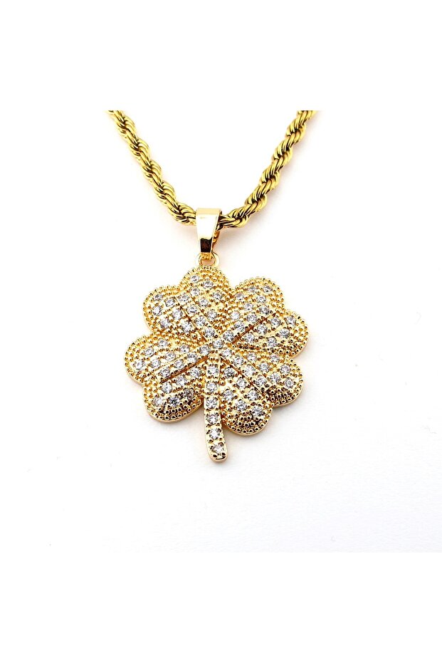 Four-Leaf Clover Lucky Charm Zircon Embellished Yellow Steel Women's Necklace Twist Chain Q0854