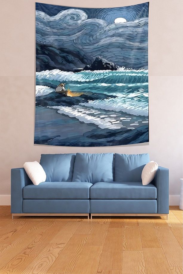 Büyük Dalga ve Yıldızlı Gece Leke Tutmaz Kumaş Duvar Örtüsü Duvar Halısı Tapestry - 2