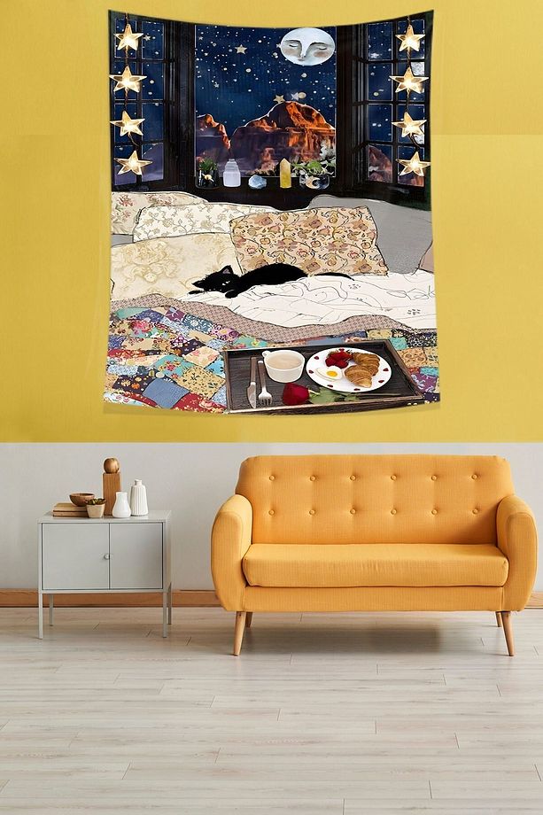 Evdeki Huzur Ve Yıldızlı Gece Leke Tutmaz Kumaş Duvar Örtüsü Duvar Halısı Tapestry - 1